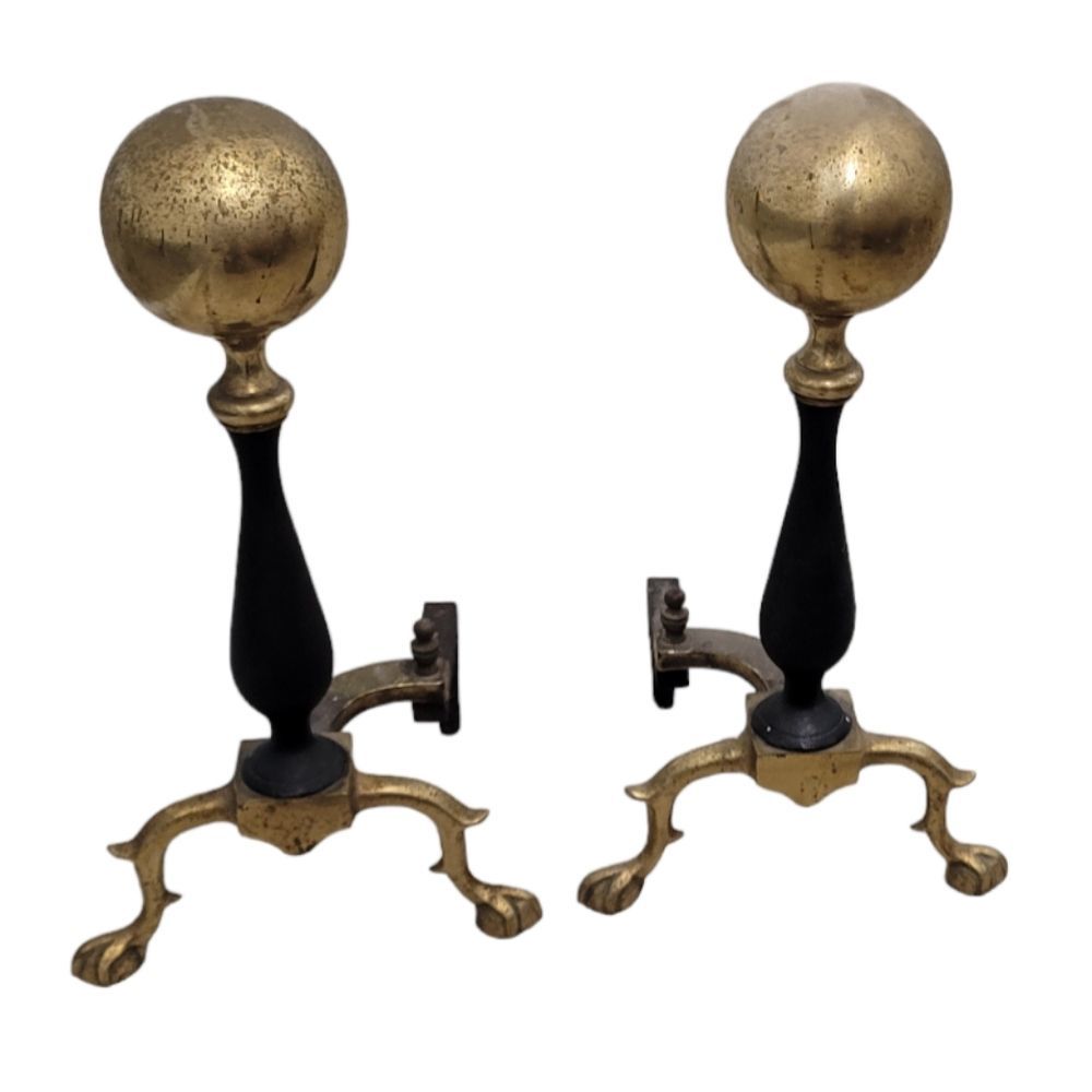 Pair of Antique Vintage Brass Ball Cannon Ball Top Fireplace Andirons